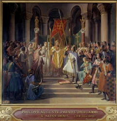 Tredje korstog: "" Kong Philip Augustus (1165-1223) tar oriflamen Saint-Denis og mottar humla og pannetiere av pelerin fra hendene til sin onkel William Archeveque av Reims og legat av pave Clement III, før hans avreise for t
