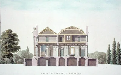 Tverrsnitt av Chateau of Wannagem, nær Oudenarde, Belgia, fra 