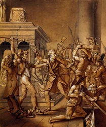 Alexandre Lenoir motsetter seg ødeleggelsen av graven til Ludvig XII i Saint Denis, historisk skisse av Pierre Joseph Lafontaine (1758-1835). Den franske revolusjonen, Frankrike