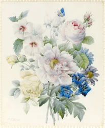 En haug med blomster inkludert en peon, roser, hibiskus, asters, ensian og en imaginær blå sommerfugl (grafitt og wc med spor av gummi arabisk over grafitt på vellum)