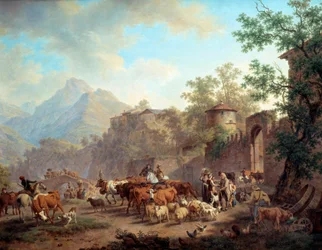 Avreise av flokkene til fjellet Debut av transhumances. Maleri av Pierre Louis Larive (de la Rive) Godefroy (1735-1817) 1813 Geneve, Museum of Art and History