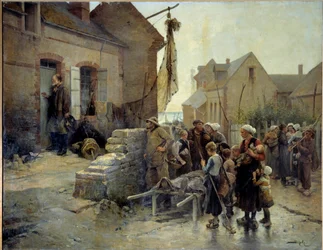 Return from the Tempete En sjømann banker på døren til en kvinne av en synder som døde i et tempete for å fortelle henne nyhetene. Maleri av Pierre Marie Beyle (1838-1902) Fecamp fra 1800-tallet, Museum of the Newfoundland