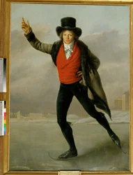 Medaljevinneren Bertrand Andrieu på skøyter (olje på lerret)
