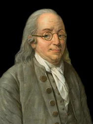 Portrett av BENJAMIN FRANKLIN (1706-1790) Amerikansk skriver, forlegger, vitenskapsmann, oppfinner, statsmann og diplomat - Portrett av Benjamin Franklin (1706-1790), amerikansk fysiker, filosof og politiker - gravering av Pierre Michel Alix