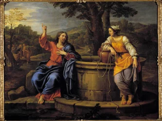 Jesus og samaritan Jesus som sitter og hviler møter en samaritan som kom for å hente vann og ber henne drikke. Maleri av Pierre Mignard (1612-1695) Raleigh fra 1600-tallet, kunstmuseum