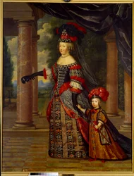 Portrett av Marie Therese av Østerrike, dronning av Frankrike (1638 - 1683) og den store delfinen. Maleri av Pierre Mignard (1612-1695)