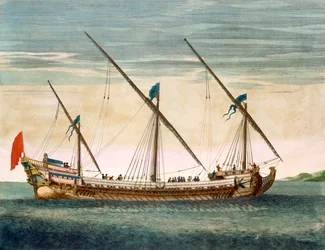 En tremastet galeass underveis med årer, fra Le Neptune Français, ca. 1693-1700