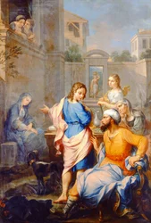 Tobias spør Raguel om sin datter, Sarahs, Hand in Marriage, 1733