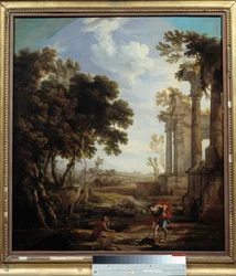 Moses gravla under sanden egypteren som han hadde drept Moses hadde drept egypteren som hadde slått en hebreer. Maleri av faren Pierre Patel (1605-1676). Dim. 0,94x0,84 m. 17. århundre.