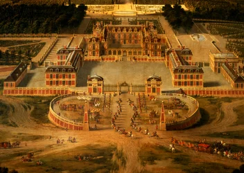 Utsikt over slottet, hagene og parken i Versailles fra Avenue de Paris, detalj av slottet, 1668, detalj av 81242