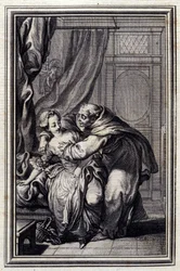 Hvordan ånden kommer til jenter. i "" Tales et nouvelles en verse"" av Jean La Fontaine. 1776. Illustrasjon av P.P. Choffard.
