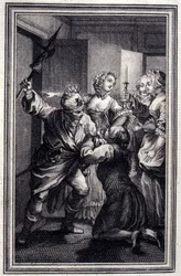 La Gageure des trois commeres - i "" Fortellinger og noveller på vers"" av Jean La Fontaine. 1776. Illustrasjon av P.P. Choffard.