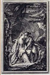 Forloveden til kongen av Garbe - i "" Fortellinger og noveller på vers"" av Jean La Fontaine. 1776. Illustrasjon av P.P. Choffard.