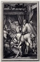 Le Cradle - i "" Fortellinger og noveller i vers "" av Jean La Fontaine. 1776. Illustrasjon av P.P. Choffard.