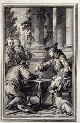 Fortelling om en bonde som hadde fornærmet sin Herre - i "Fortellinger og nyheter på vers" av Jean La Fontaine. 1776. Illustrasjon av P.P. Choffard.