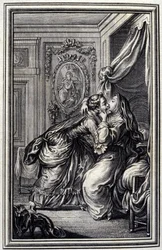 The Couturiere - i ""Fortellinger og noveller på vers"" av Jean La Fontaine. 1776. Illustrasjon av P.P. Choffard.