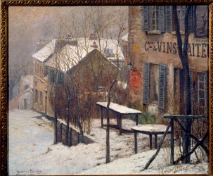 Kabareten på Rabbit Agile i Montmartre i 1890. Utsikt over Paris under snøen om vinteren. Maleri av Pierre Prins (1838-1913)