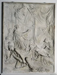 lavt relieff av pesten i Milano - Saint Charles Borromee (San Carlo Borromeo) (1538-1584, kardinal og erkebiskop av Milano) ber (marmor)