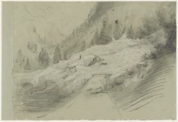 Skred i et alpint landskap, ca. 1870 (svart-hvitt kritt)