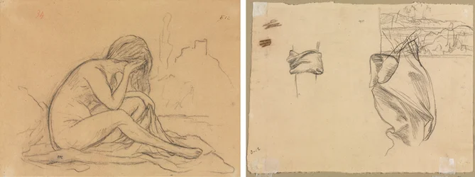 Studie av en naken kvinne (muligens for et urealisert allegorisk maleri) (recto); Studier av draperi og studier av et landskap (verso)