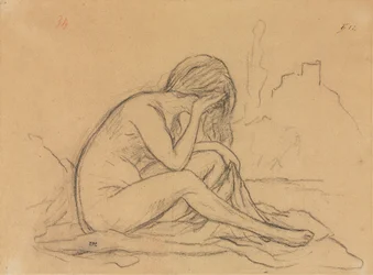 Study of a Female Naken ...recto, Studies of Drapery and Study of a Landscape verso, 1800-tallet.