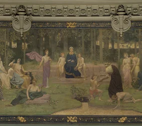 Den hellige lunden, veggmaleri i Det store amfiteateret som viser allegoriske figurer av Sorbonne, Veltalenhet, Poesi, Filosofi, Historie, Botanikk, Geologi, Fysikk og Geometri, 1887-89 (detalj)