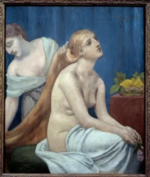 Kvinne ved sitt toalett. En naken kvinne med langt blondt hår blir stelt av en tjenestepike. Maleri av Pierre Puvis de Chavannes (1824-1898), 1883. Sol. 0,75 x 0,63 m. Paris, Musée d