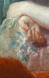 Hånden til en ung kvinne som holder en blomstrende gren. Detalj av portrett av Madame Poulhariex og datteren hennes, rundt 1728 (olje på lerret)