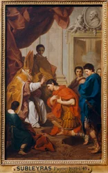 L#39;absolution de Theodose - Keiser Theodosius mottar benådningen fra Sankt Ambrosius, erkebiskop av Milano ...