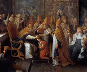 Kroningen av Ludvig XV. Kong Ludvig XV (1710-1774) ble kronet og salvet den 25/10/1722 i katedralen i Reims ved erkebiskopen av Reims i nærvær av regenten, hertugen av Orléans (1674-1723), og en stor folkemengde. Detalj av et maleri av Pierre Subleyras