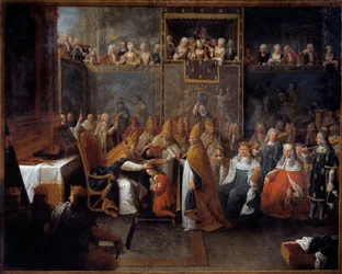 Kroningen av Ludvig XV. Kong Ludvig XV (1710-1774) ble kronet og salvet den 25/10/1722 i katedralen i Reims ved erkebiskopen av Reims, i nærvær av regenten, hertugen av Orléans (1674-1723), og en stor folkemengde
