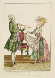En herre som spiller fiolin mens en dame danser, gravert av J. Pelicier, ca. 1780-90