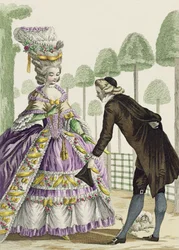 Lady in a Lilac Dress Promenades in the Gardens of the Palais Royal, plate 13 fra 'Galerie des Modes et Costumes Francais', gravert av Etienne Claude Voysard (1746-1812) 1778