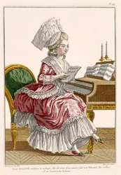 Ung kvinne som studerer musikk ved cembaloen hennes, plate 149 fra 