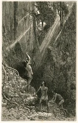 Suno-indianere, fra bredden av Napo-elven (Amazon), jakter med sarbacan. Gravering av Vignal, for å illustrere historien "Amazon og Cordilleres""