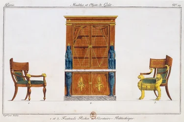 Lenestoler og biblioteksskrivebord, tallerken 12, illustrasjon fra Collection de meubles et objects de gout (Samling av møbler og smaksgjenstander)