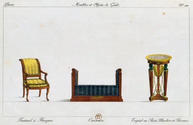 Lenestol med flens, loveseat og stativbord, plate 211, illustrasjon fra Collection de meubles et objects de gout (Samling av møbler og smaksgjenstander)