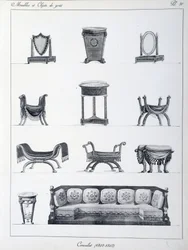 Møbler fra periodens konsulat (1802-1803). Tallerken hentet fra samlingen "" Collection de mobilier et objets de taste"" av Pierre de la Mesangere (1761-1831). Paris. Dekorativ kunst