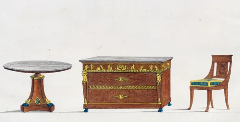 Mahognibord, kommode og stol, tallerken 241, illustrasjon fra Collection de meubles et objects de gout (Samling av møbler og smaksgjenstander)
