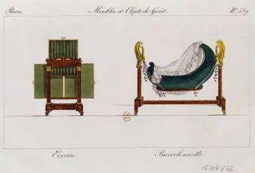 Skjerm og gyngevugge, tallerken 589, illustrasjon fra Collection de meubles et objects de gout (Samling av møbler og smaksobjekter)