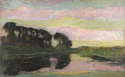 Elvelandskap med rosa og gulgrønn himmel, ca 1907-1908.