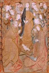 flamsk billedvev. Serien Triumphs of the Mother eller Paños de Oro. Kristi fødsel (Nacimiento de Cristo). Tredje billedvev i serien. Modell Colin de Cooter (?). Produksjon Pieter van Aelst (eller van Edingen), Brussel. Ca 1500-1502. Stoff Gull, sølv, sil