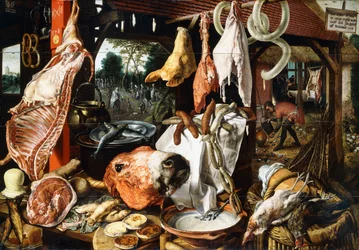 En slakterbod med den hellige familie på flukten til Egypt, 1551