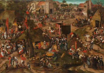 En flamsk kermesse med en oppføring av farsen «Een cluyte van Plaeyerwater», ca. 1570