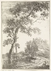 Landskap med tre, bro og hus