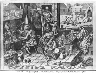 Alkymisten i arbeid, gravert av Hieronymus Cock (ca. 1510-70)