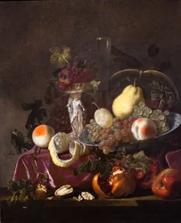 Stilleben av frukt, druer, granatepler og meloner, 1655 (olje på lerret)