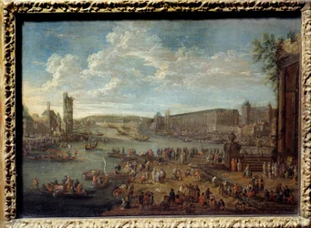 Utsikt over Louvre og tårnet i Nesles tatt fra Ile de la Cite i Paris. Maleri av Pieter Li Casteels (1684-1749)