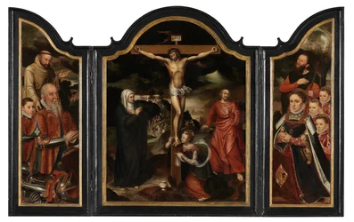Kristus på korset med jomfruen, St. Johannes og Maria Magdalena (olje på panel)