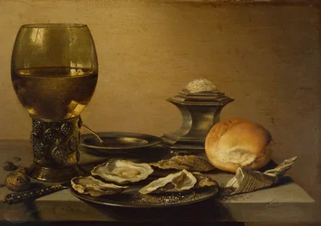 Frokoststilleben med østers, salt, brød og nøtter
